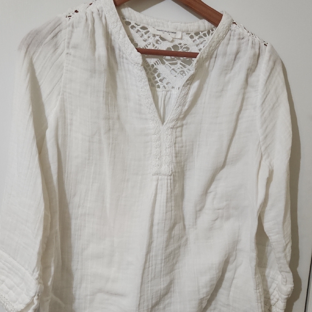 beachlunchlounge Cream White Crochet-Back Peasant Tunic